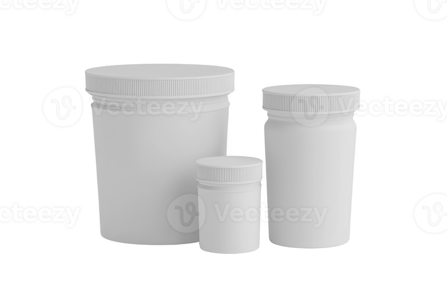 A Three white plastic containers with screw on lids are displayed against plain background, showcasing different sizes for versatile storage solutions png
