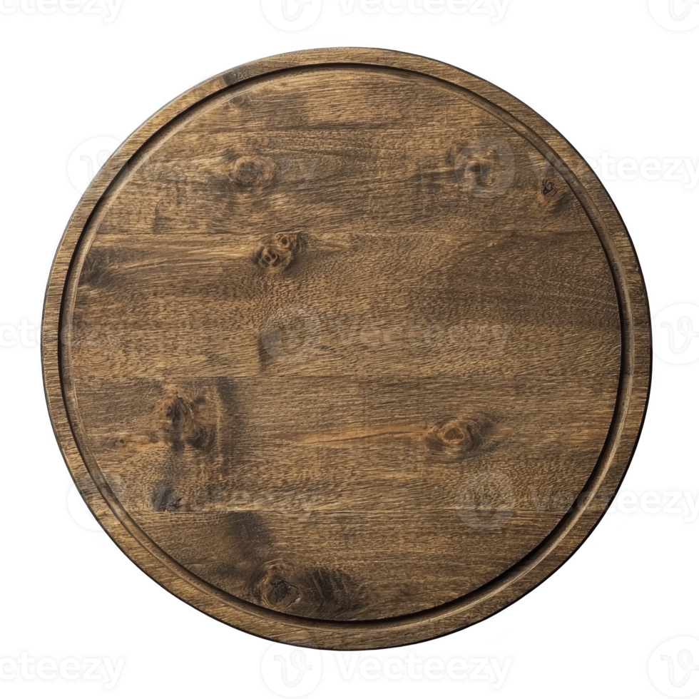 A round wooden cutting board with rustic finish, featuring natural wood grain patterns and smooth surface, ideal for kitchen use or as decorative piece png