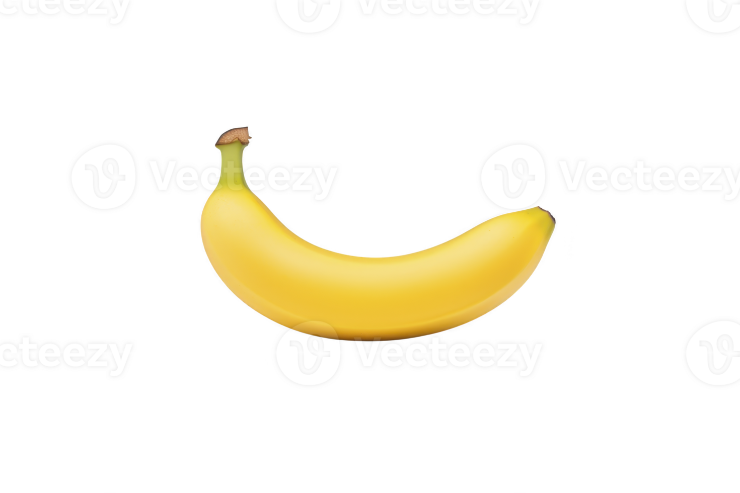 A ripe yellow banana is isolated on transparency background, showcasing its smooth texture and vibrant color. banana is slightly curved, with greenish stem, ready to eat png