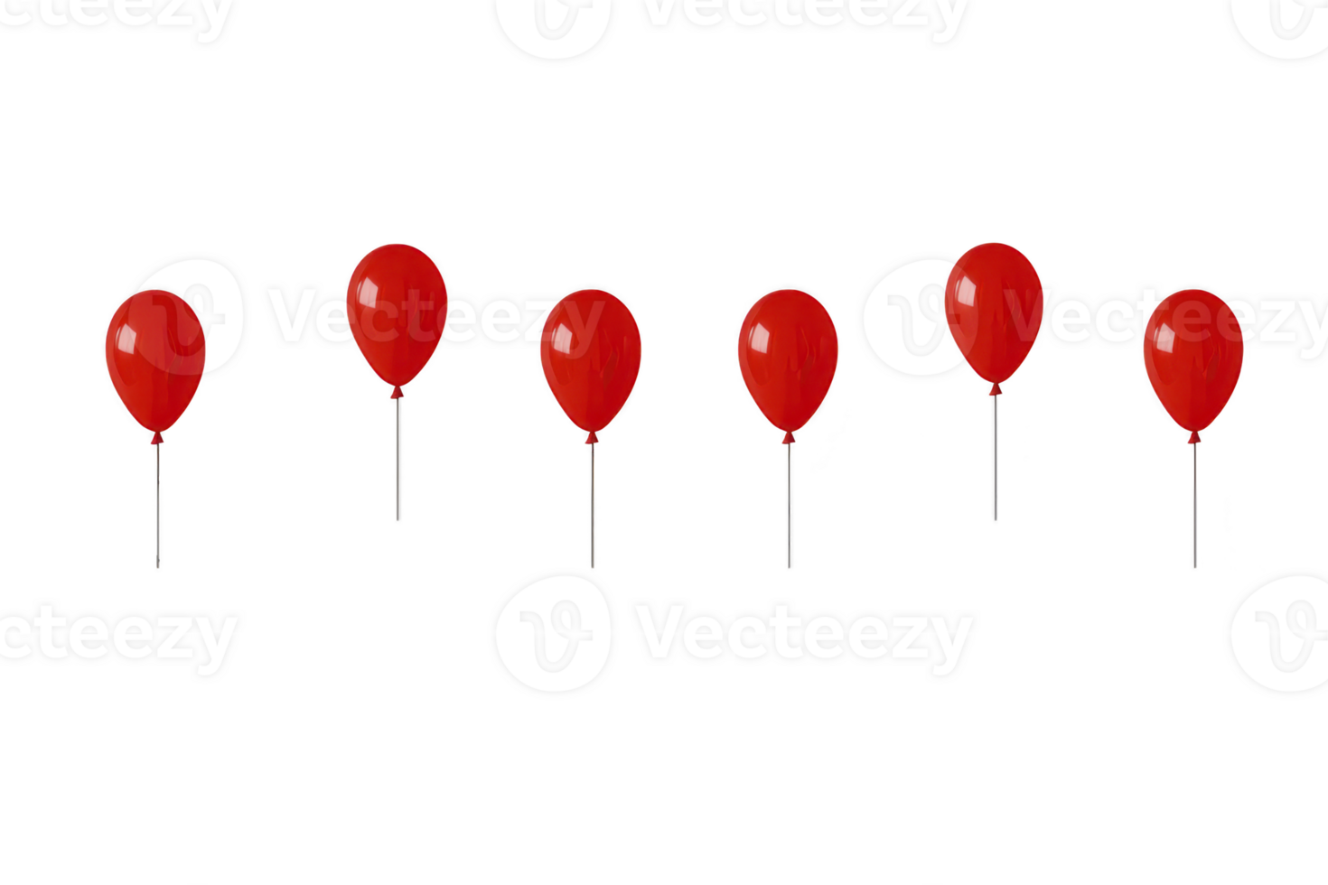 A Six vibrant red balloons are evenly spaced against plain background, creating cheerful and festive atmosphere. balloons are identical in size and shape, each with shiny surface reflecting light png