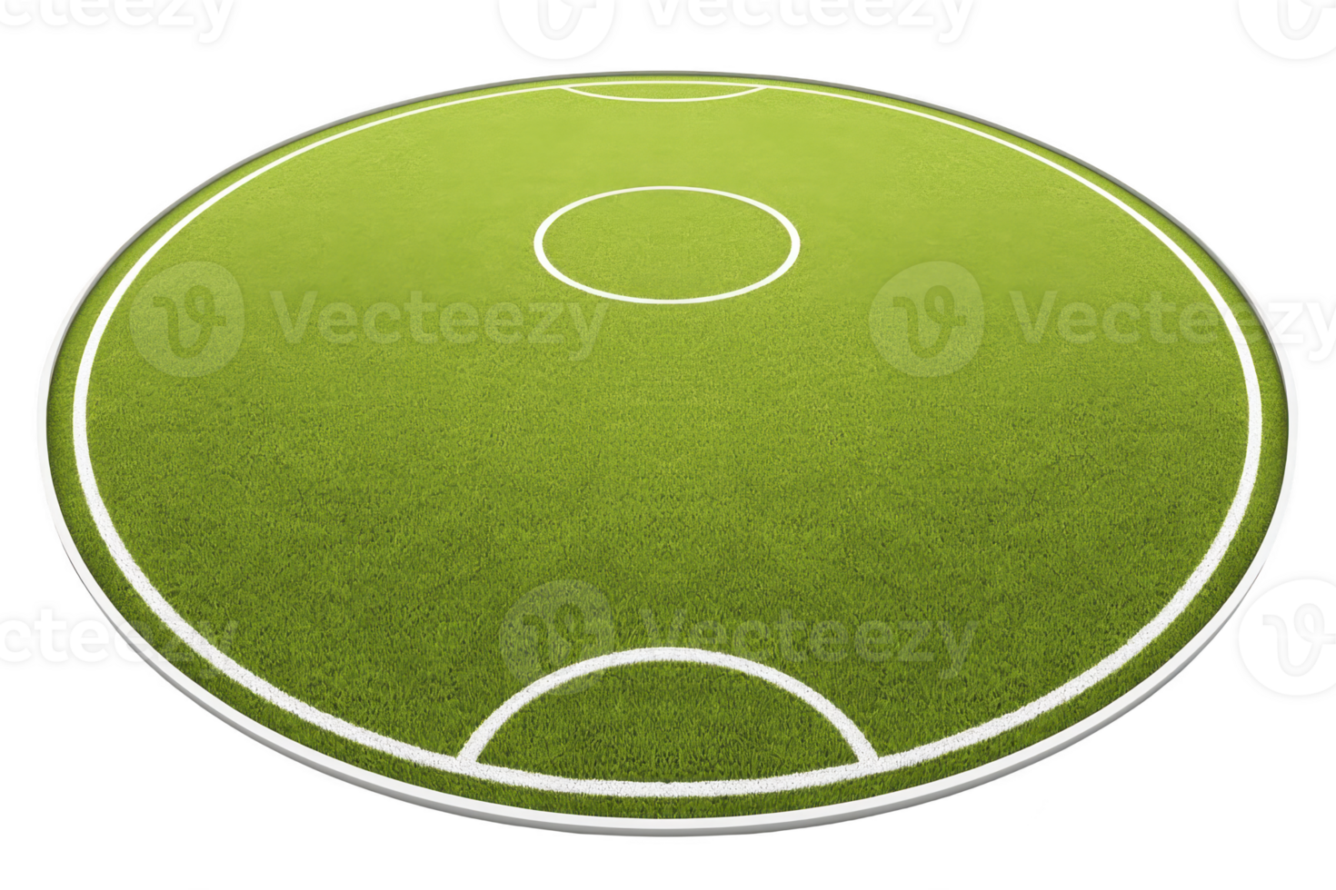 A circular green soccer field with white markings, including center circle and goal areas, is depicted. vibrant grass and clear lines create dynamic and inviting sports environment png