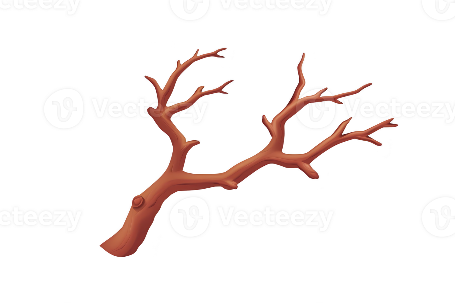 A digitally illustrated brown tree branch with multiple twigs extending outward, set against transparent background. branch is detailed and natural looking, suitable for design projects png