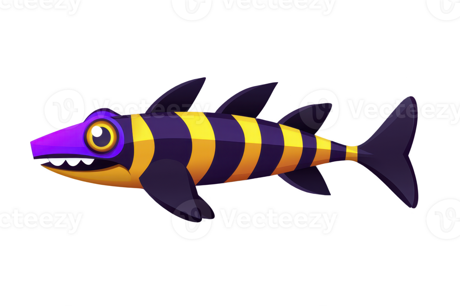 A colorful, cartoon fish with vibrant purple and yellow stripes, large eyes, and playful expression swims against transparency background png