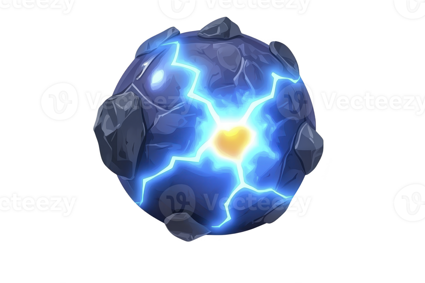A glowing blue orb with cracks emitting bright light and surrounded by dark rocky fragments, creating mystical and powerful energy effect png