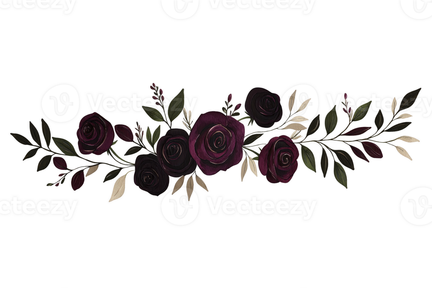 A decorative floral arrangement featuring dark red and black roses with green and beige leaves, creating elegant and moody design. Perfect for invitations or decorative borders png