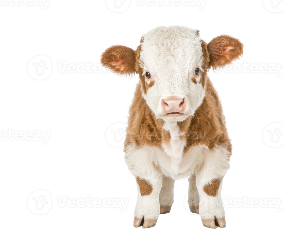 A cute, fluffy brown and white calf stands facing forward, showcasing its soft fur and curious expression. young cow is isolated on transparency background, highlighting its adorable features png
