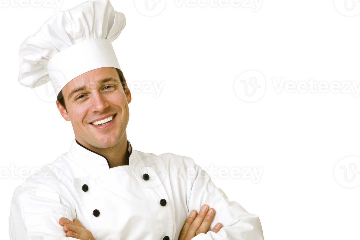A smiling chef in white uniform and hat stands confidently with arms crossed, exuding professionalism and warmth. chef attire includes double breasted jacket and traditional toque png