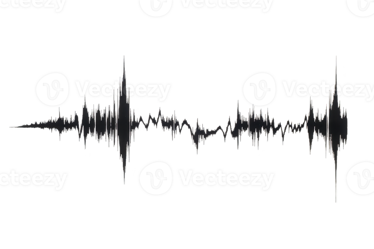 A black and white audio waveform on transparent background, representing sound waves or audio frequency. waveform is jagged and dynamic, indicating varying sound levels png