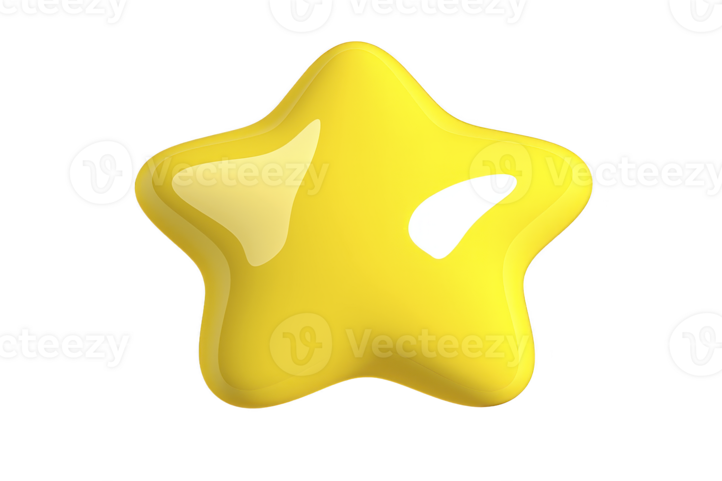 A shiny yellow star with smooth, glossy surface and rounded edges, evoking playful and cheerful vibe. star appears three dimensional and is isolated on transparency background png