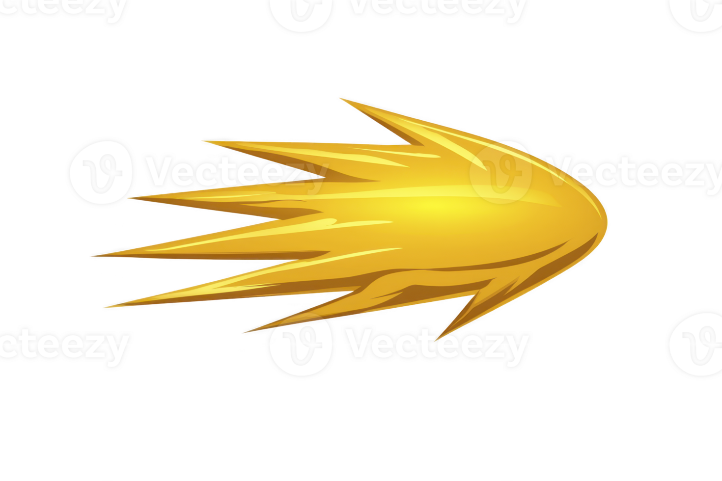 A dynamic, golden, spiky shape resembling comet or shooting star, set against transparent background, conveys sense of speed and energy png