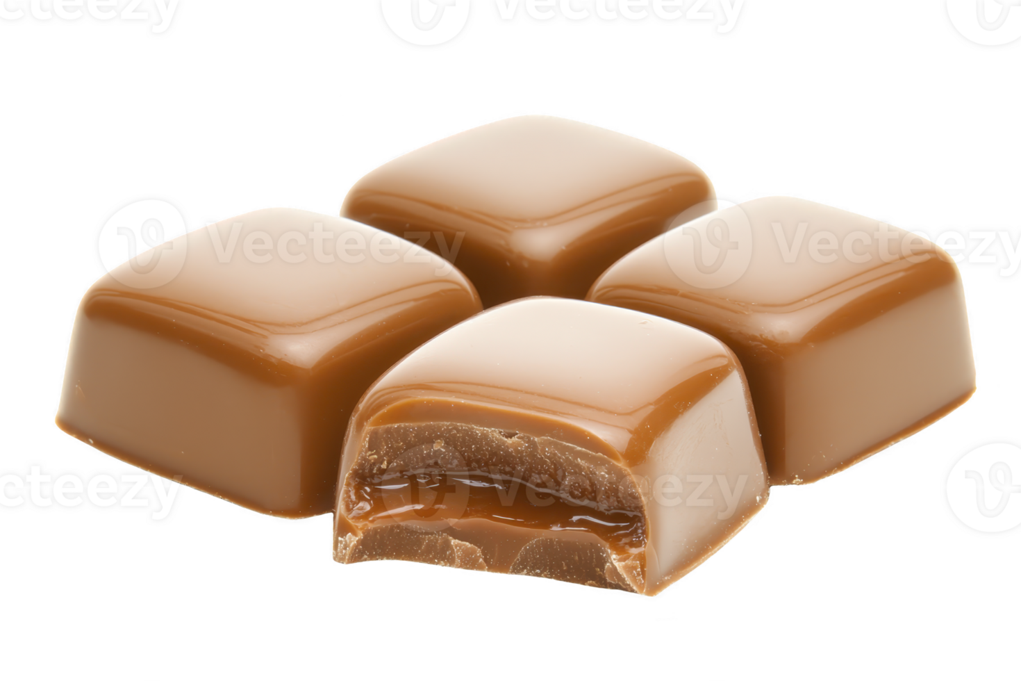 A Smooth caramel chocolates with glossy finish, one revealing gooey caramel center, evoke sense of indulgence and sweetness. Perfect for delightful treat or gift png