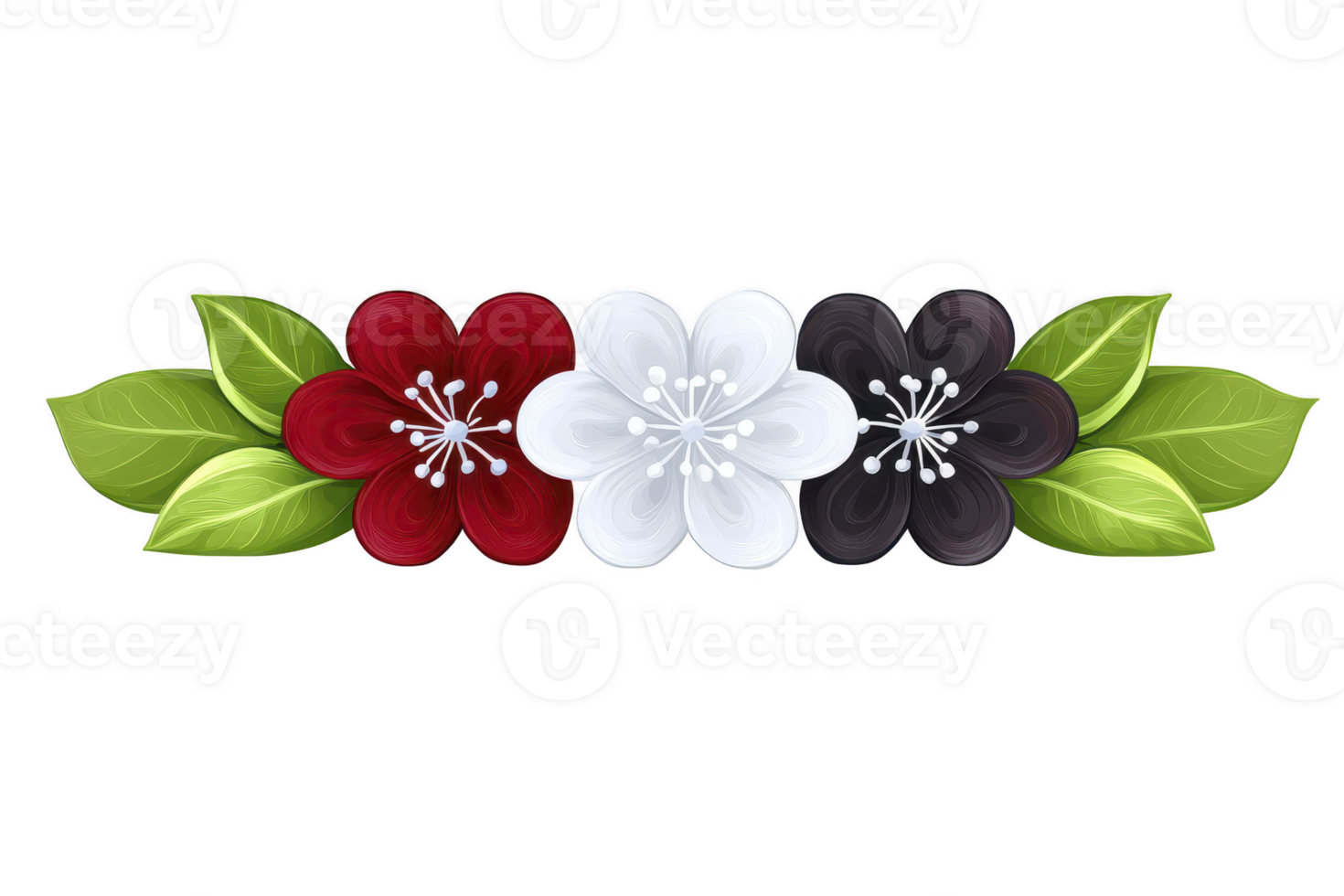 A vibrant floral arrangement features red, white, and black flowers with green leaves, creating striking contrast. design is symmetrical and decorative, perfect for artistic projects png