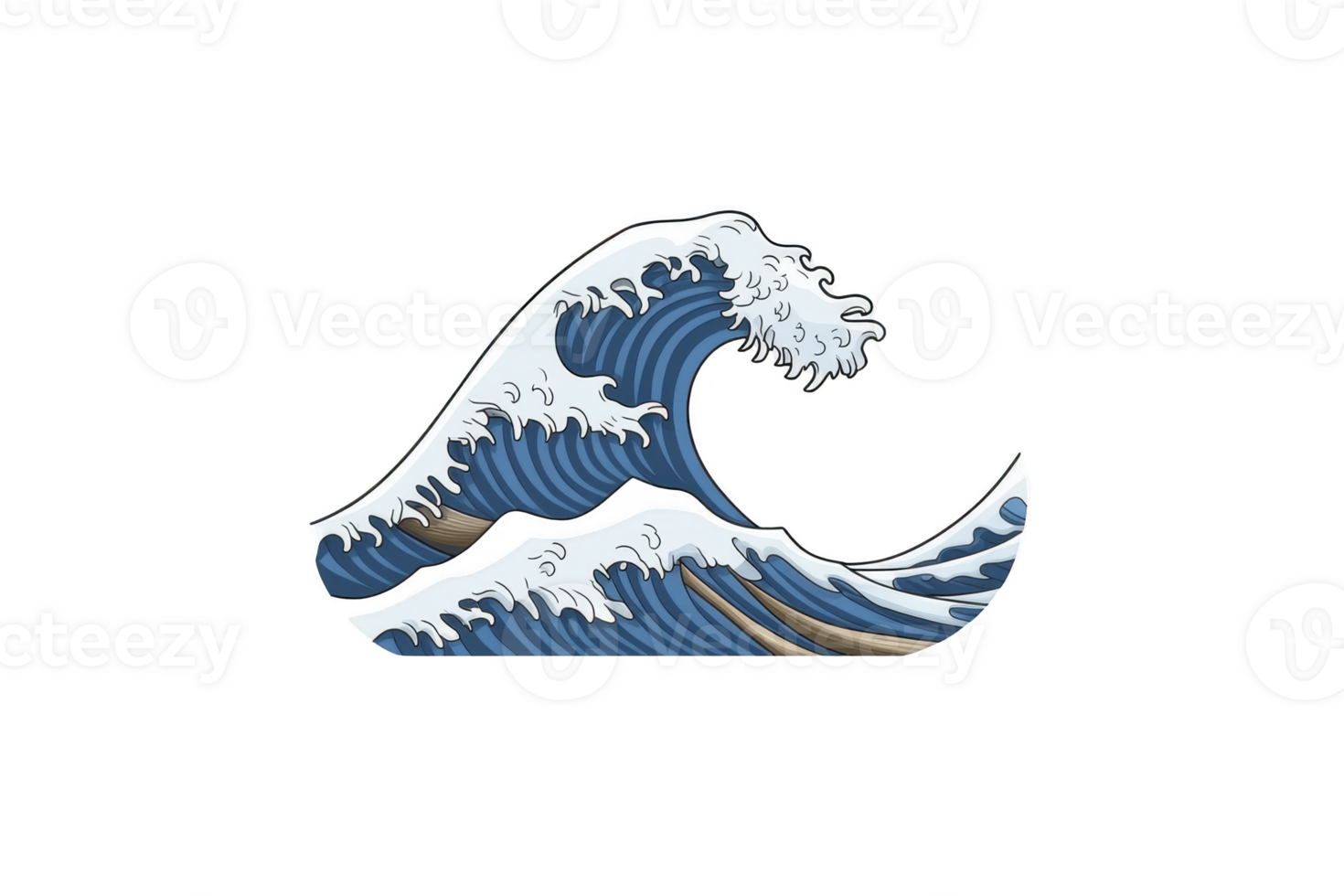 A stylized illustration of powerful ocean wave with white foam, reminiscent of traditional Japanese art. wave is depicted in shades of blue and white, capturing sense of movement and energy png