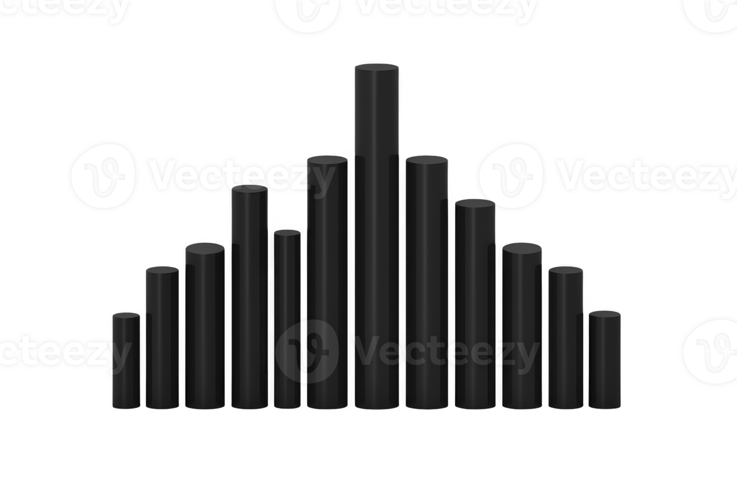 A 3D bar graph with varying heights represents data distribution, showcasing central peak and symmetrical bars on either side, illustrating bell curve png