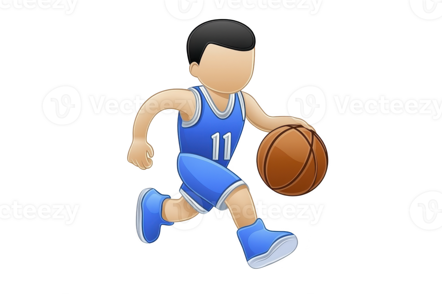 A cartoon basketball player in blue uniform dribbles basketball, showcasing dynamic movement and athleticism. character wears jersey with number 11, emphasizing sports and teamwork png