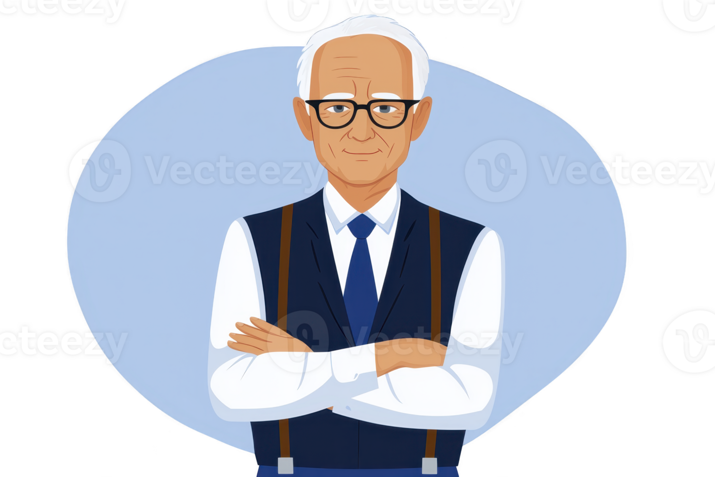 An elderly man with glasses and white hair stands confidently with arms crossed, wearing formal outfit including vest and tie, set against simple blue background png