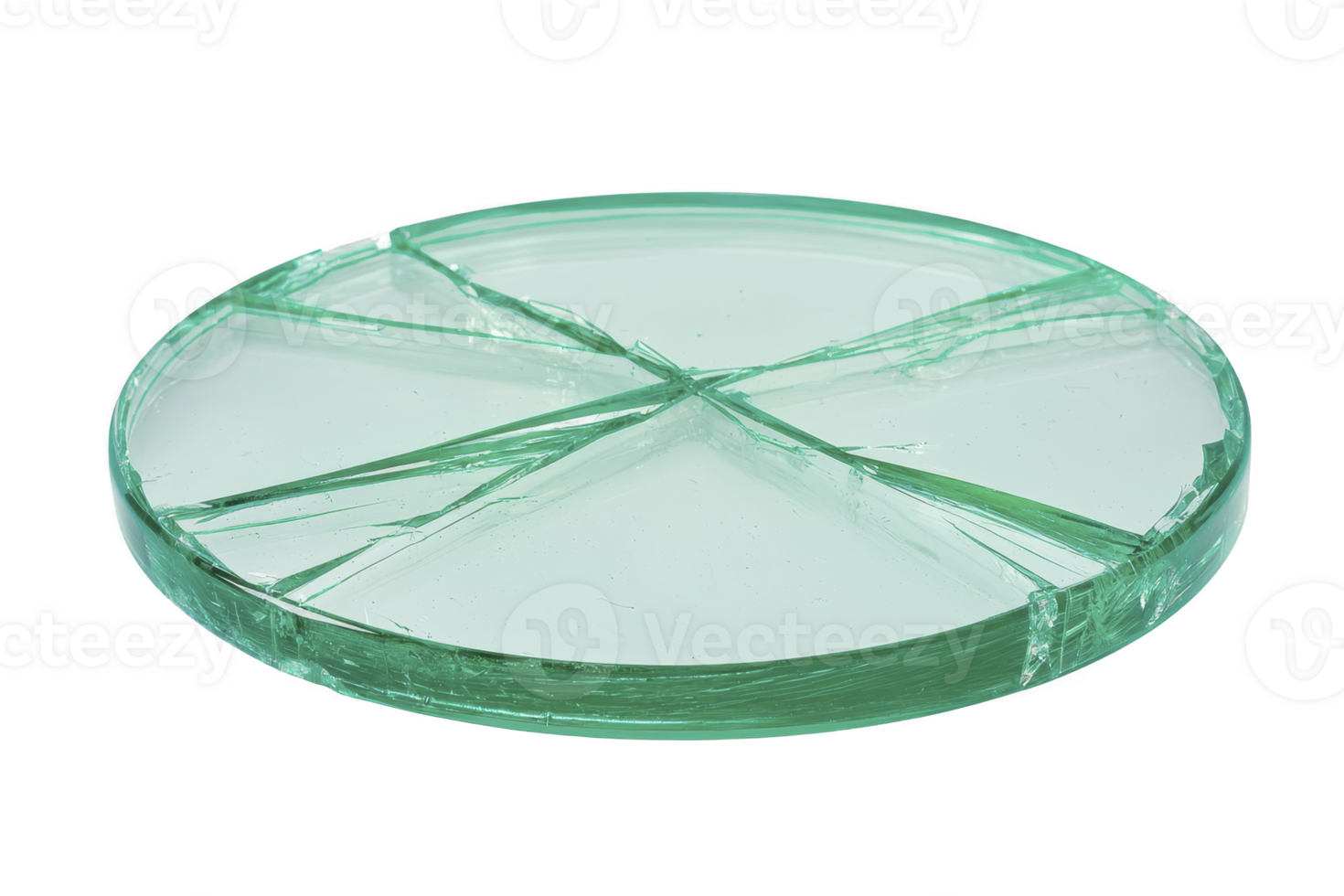 A round, broken glass plate with visible cracks and jagged edges lies on transparency background, showcasing its fragile and shattered state png