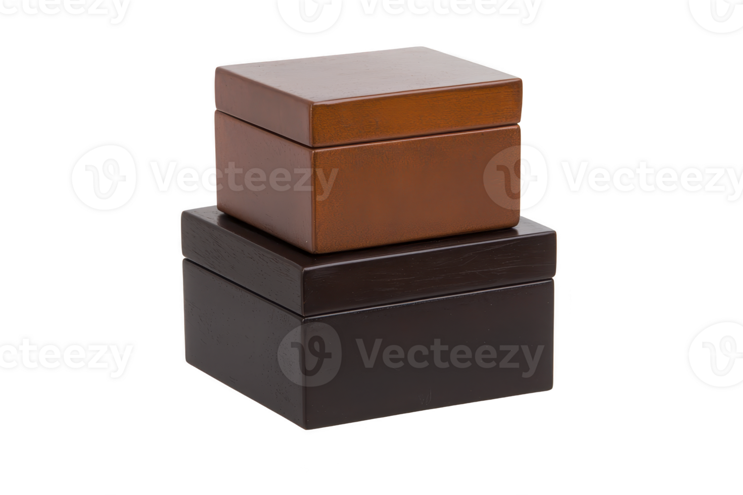 A Two elegant wooden boxes are stacked, showcasing minimalist design. top box is lighter brown, while bottom one is darker shade, both with smooth finishes png