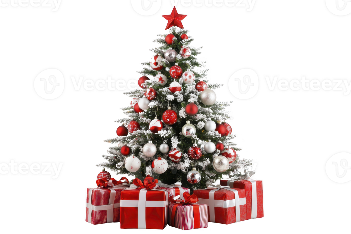 A beautifully decorated Christmas tree adorned with red and white ornaments stands surrounded by wrapped gifts, creating festive and joyful holiday atmosphere png