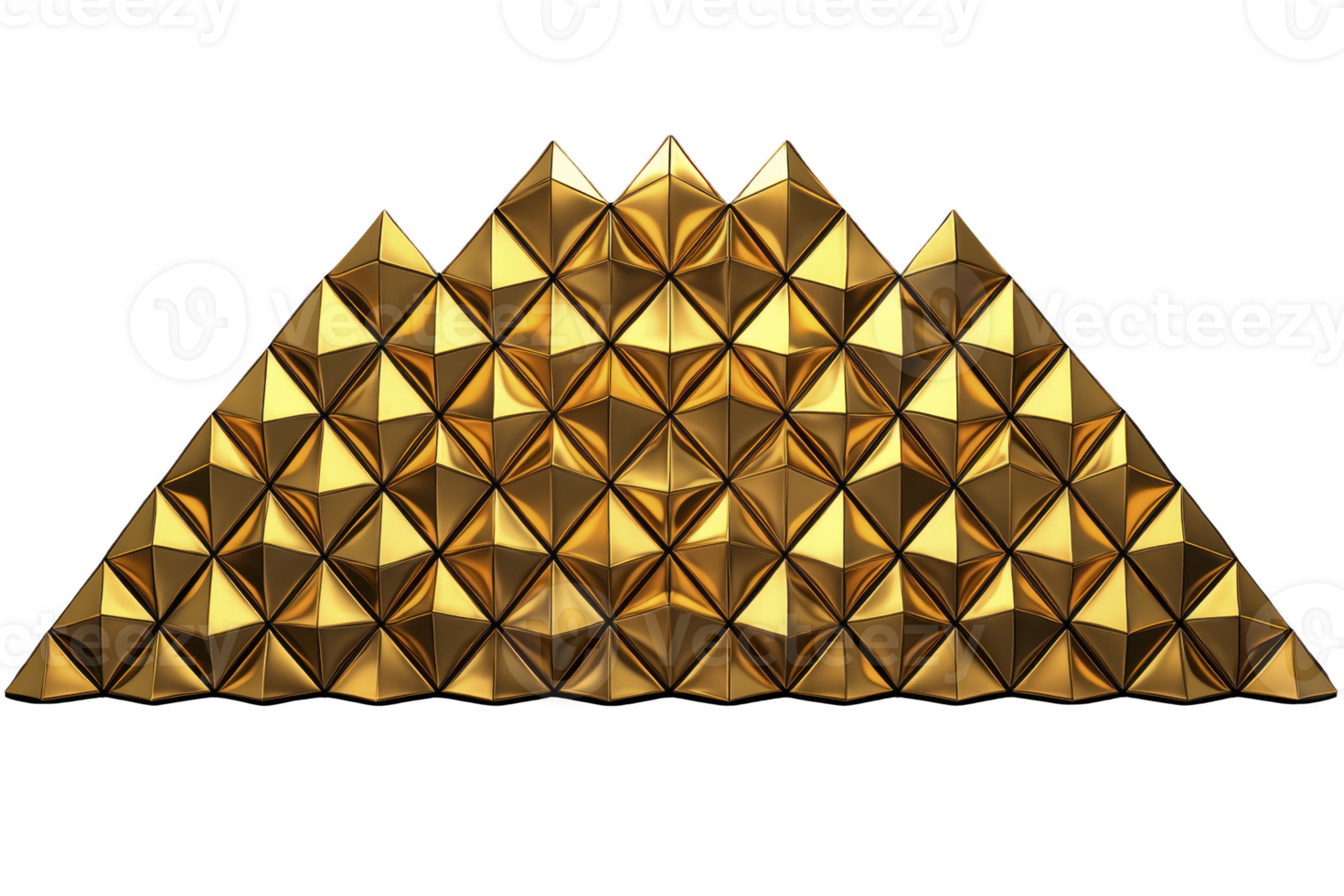 A geometric pattern of golden pyramids forms striking triangular shape, creating visually captivating and luxurious design. reflective surfaces enhance elegance and symmetry png