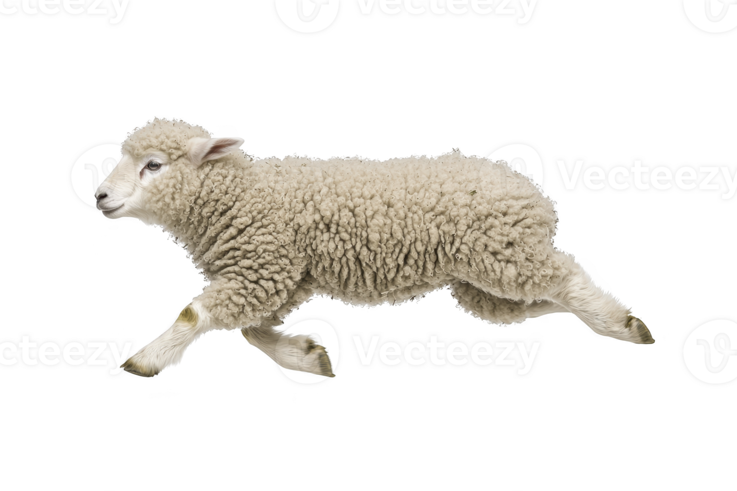 A fluffy sheep joyfully leaps through air, showcasing its soft wool and playful nature against plain background png