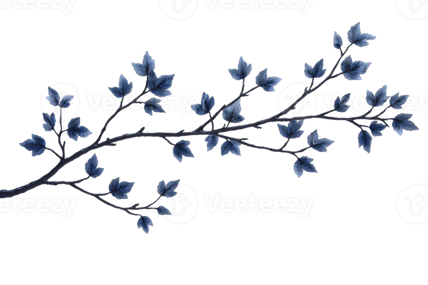 A delicate branch with dark blue leaves extends gracefully, creating serene and elegant visual. intricate details of leaves and subtle color variations add depth and beauty to image png