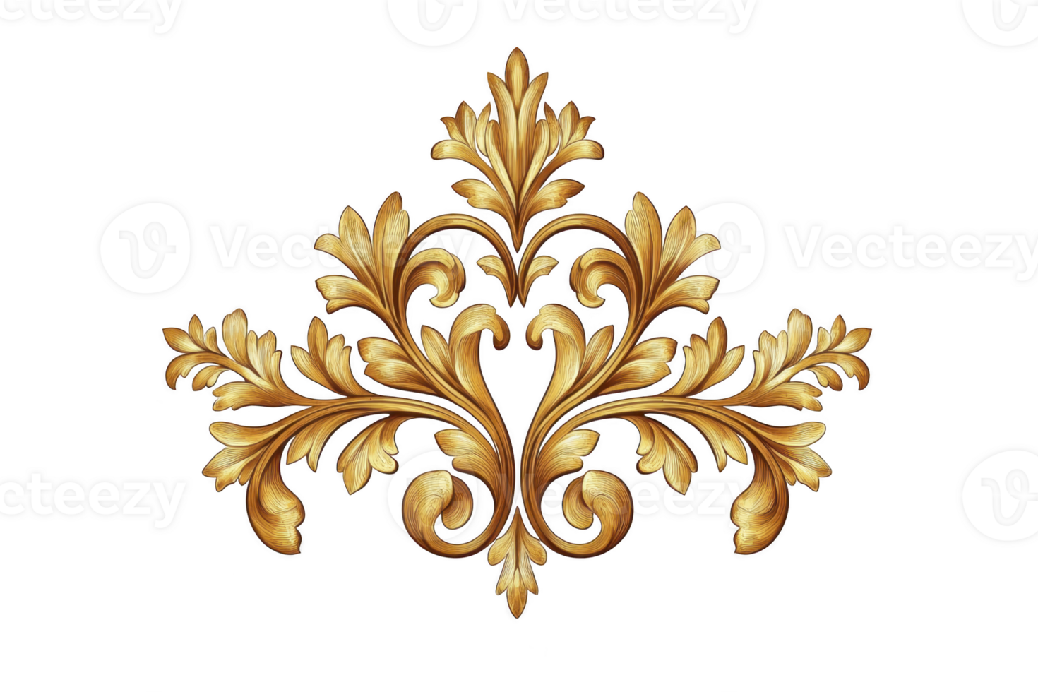 An ornate golden floral design with intricate details and symmetrical patterns, evoking sense of elegance and luxury. decorative motif features swirling leaves and flourishes, perfect png