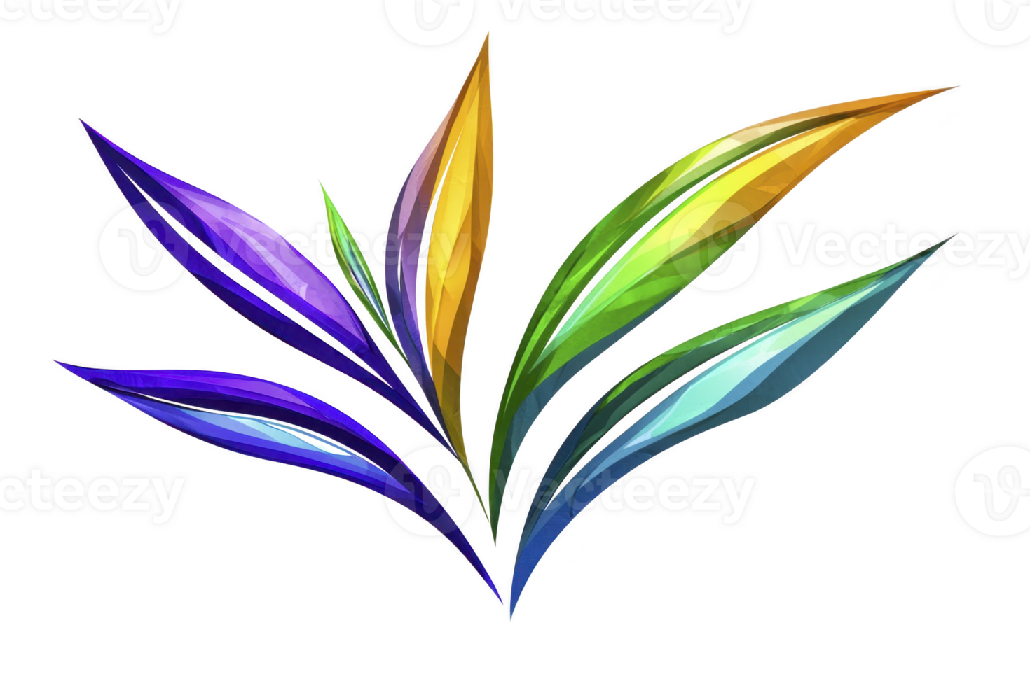 A vibrant, abstract design featuring colorful, elongated leaves in shades of blue, green, yellow, and purple, creating dynamic and artistic composition png