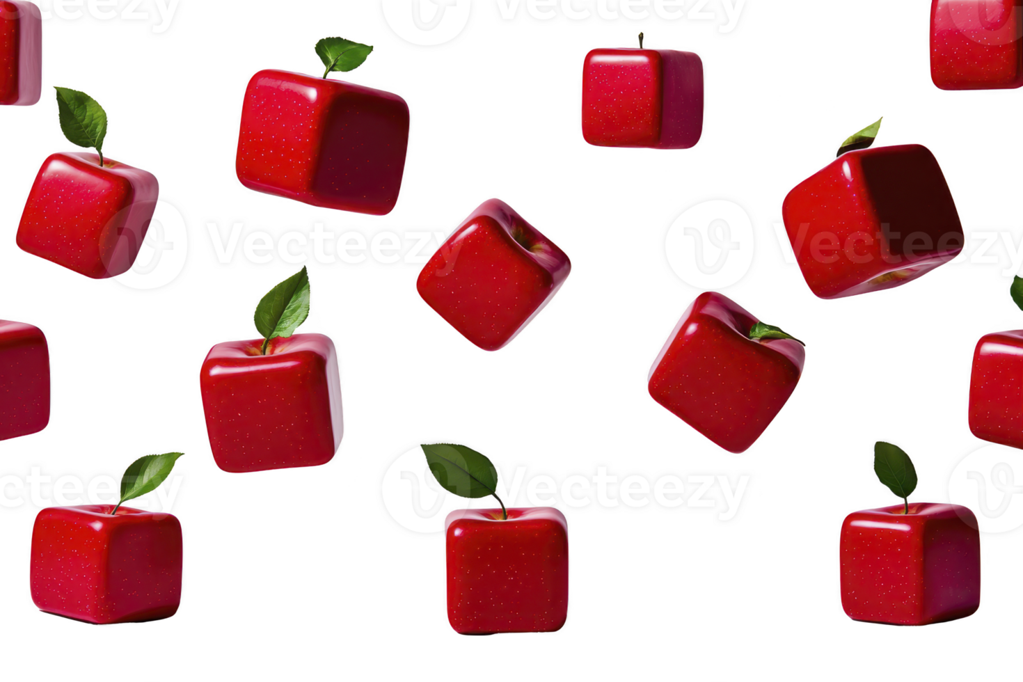 A Square red apples with green leaves are floating against transparency background, creating surreal and playful visual effect. apples glossy surfaces reflect light, enhancing their vibrant color png