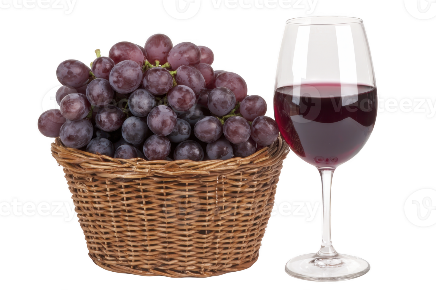 A basket of fresh purple grapes sits beside glass of red wine, showcasing delightful pairing. woven basket adds rustic touch to elegant wine glass png