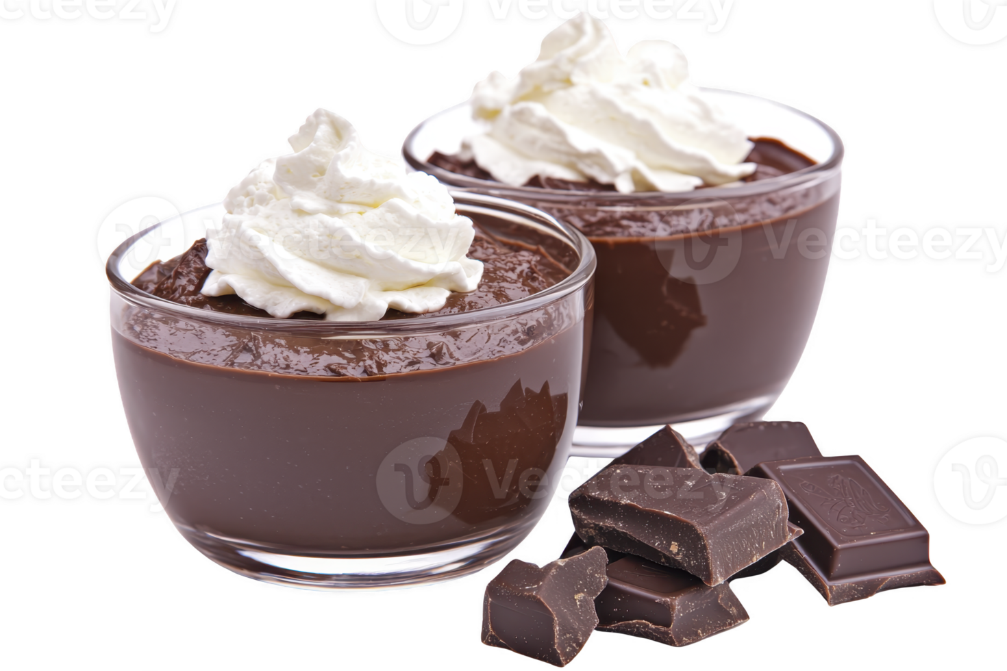 A Two glass bowls filled with rich chocolate pudding topped with whipped cream are accompanied by chunks of dark chocolate, creating tempting dessert display png