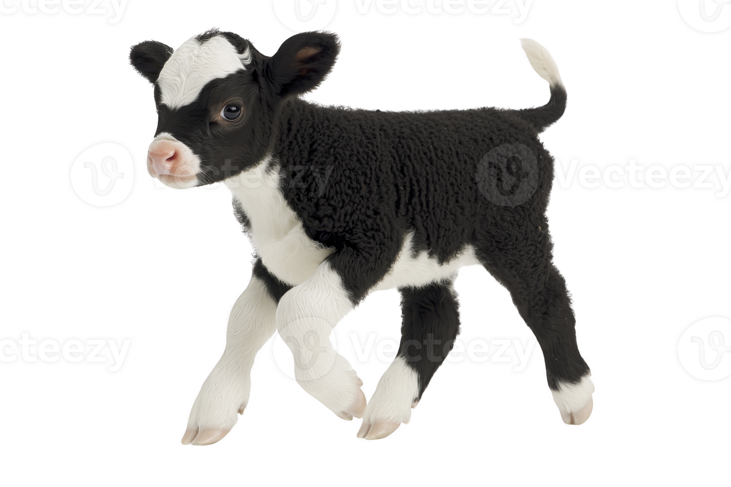 A cute black and white calf stands on transparency background, showcasing its youthful energy and innocence. calf distinctive markings and curious expression add to its charm png