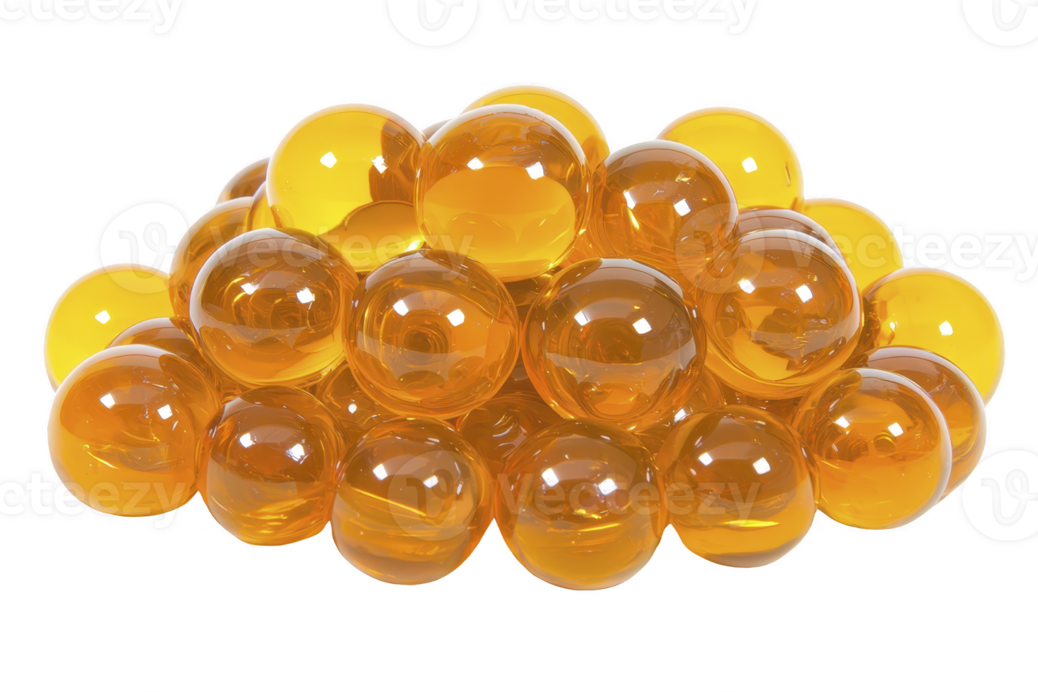 A cluster of shiny, translucent amber spheres is stacked in pyramid shape, reflecting light and creating warm, inviting glow. smooth, glossy surface of each sphere enhances overall aesthetic png