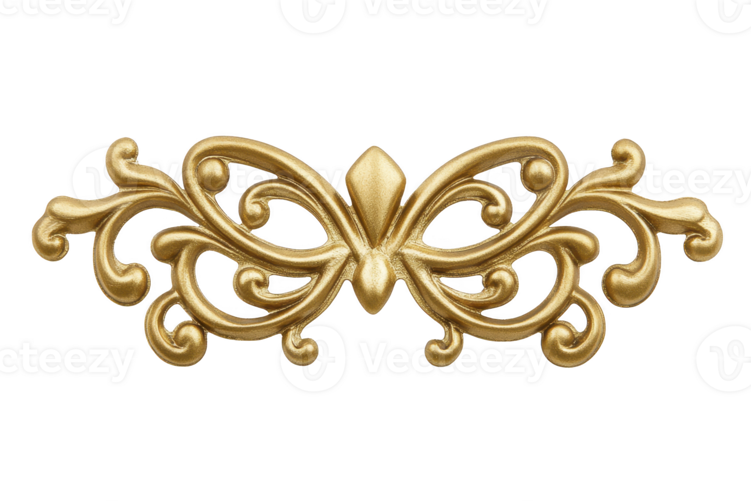 An ornate gold decorative element with intricate swirling patterns and symmetrical design, often used in classical architecture or furniture embellishments png