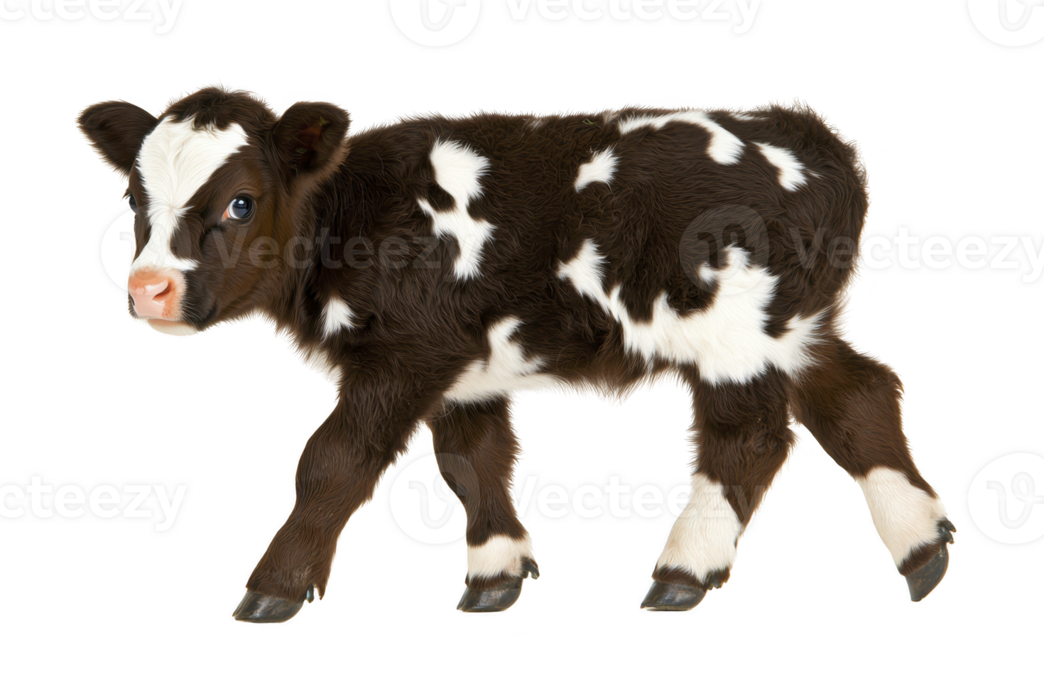 A cute, young calf with black and white spotted coat stands on transparency background, showcasing its small size and gentle expression png