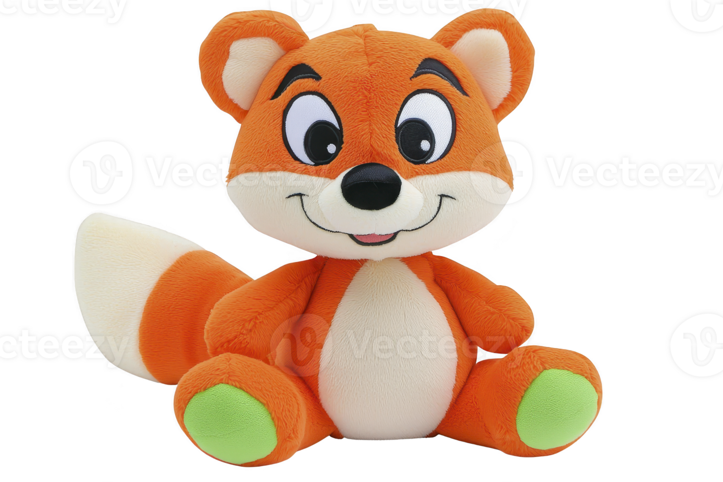 A This features cute, smiling orange plush toy resembling cartoon fox with large eyes, white belly, and green paws, sitting upright. toy playful expression adds cheerful touch png