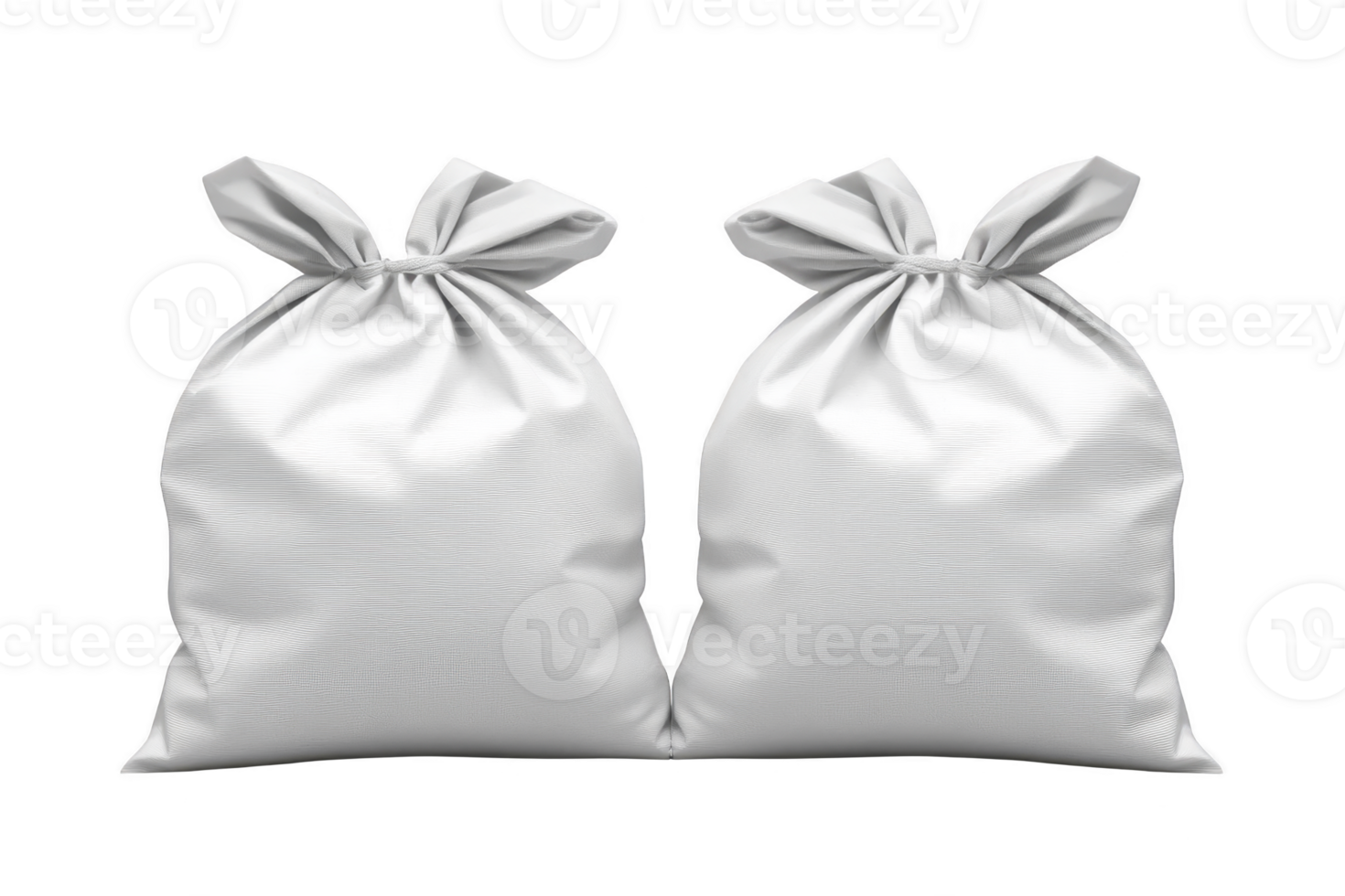 A Two white garbage bags tied at top, standing side by side on plain background, convey sense of cleanliness and organization png