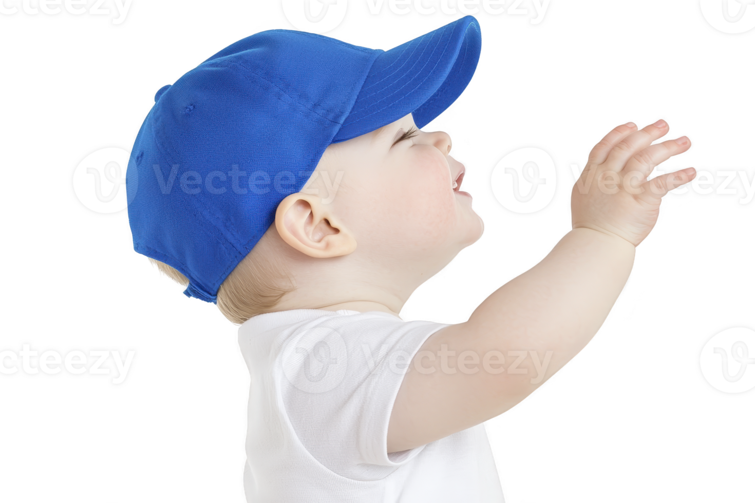 A joyful baby wearing blue cap and white shirt reaches upward, expressing excitement and curiosity. child is captured in profile against plain background, highlighting their playful gesture png