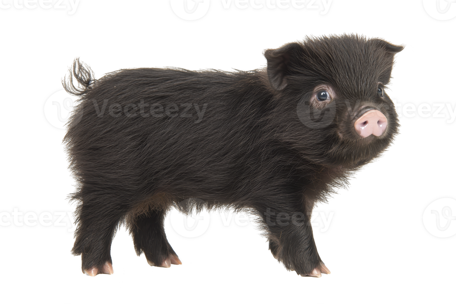 A cute black piglet stands with its small curly tail and soft fur, looking curious and playful. piglet pink snout and tiny hooves add to its adorable appearance png