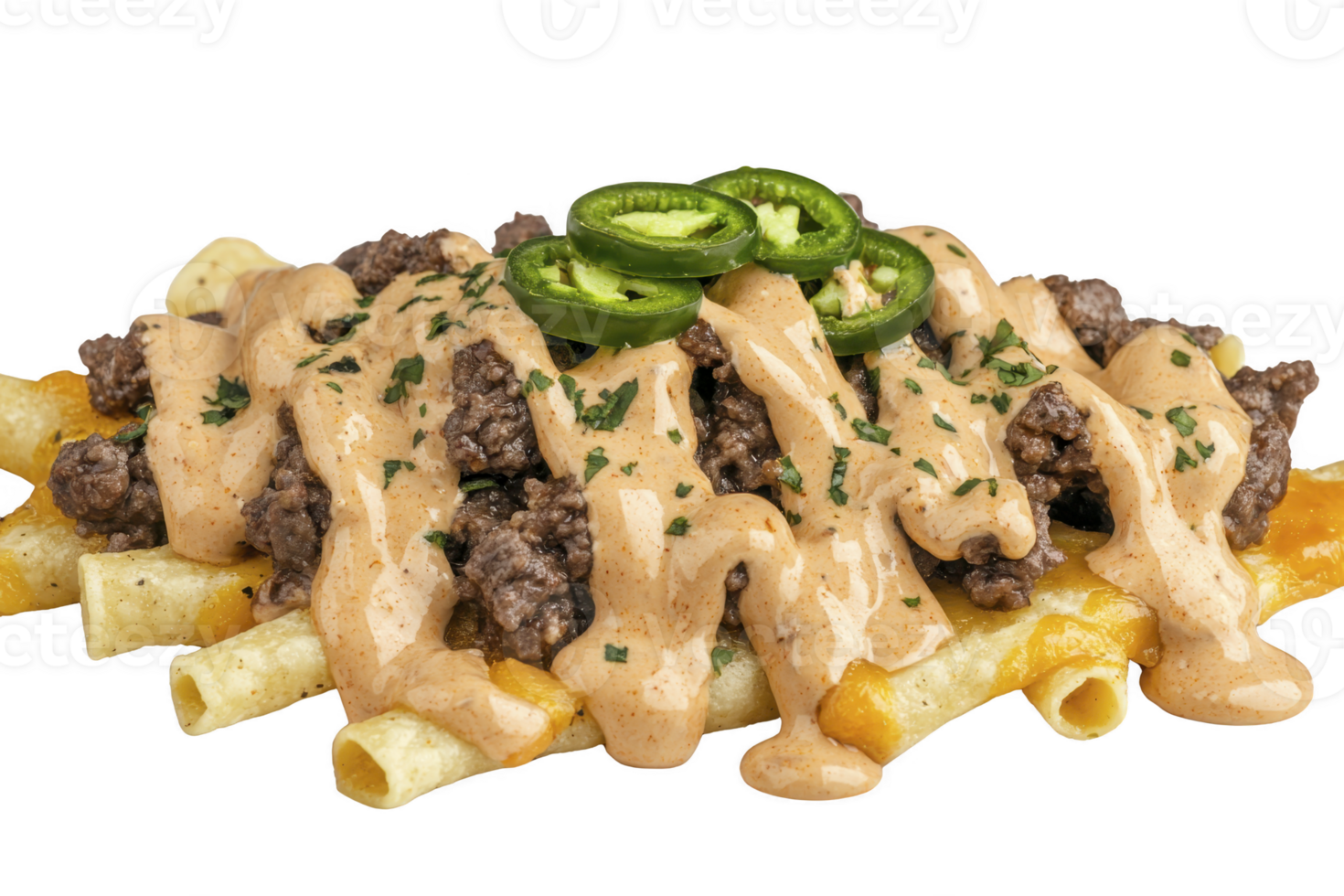 A Cheesy loaded fries topped with seasoned ground beef, creamy sauce, and sliced jalapenos create spicy and savory snack. Perfect for sharing or enjoying as hearty appetizer png