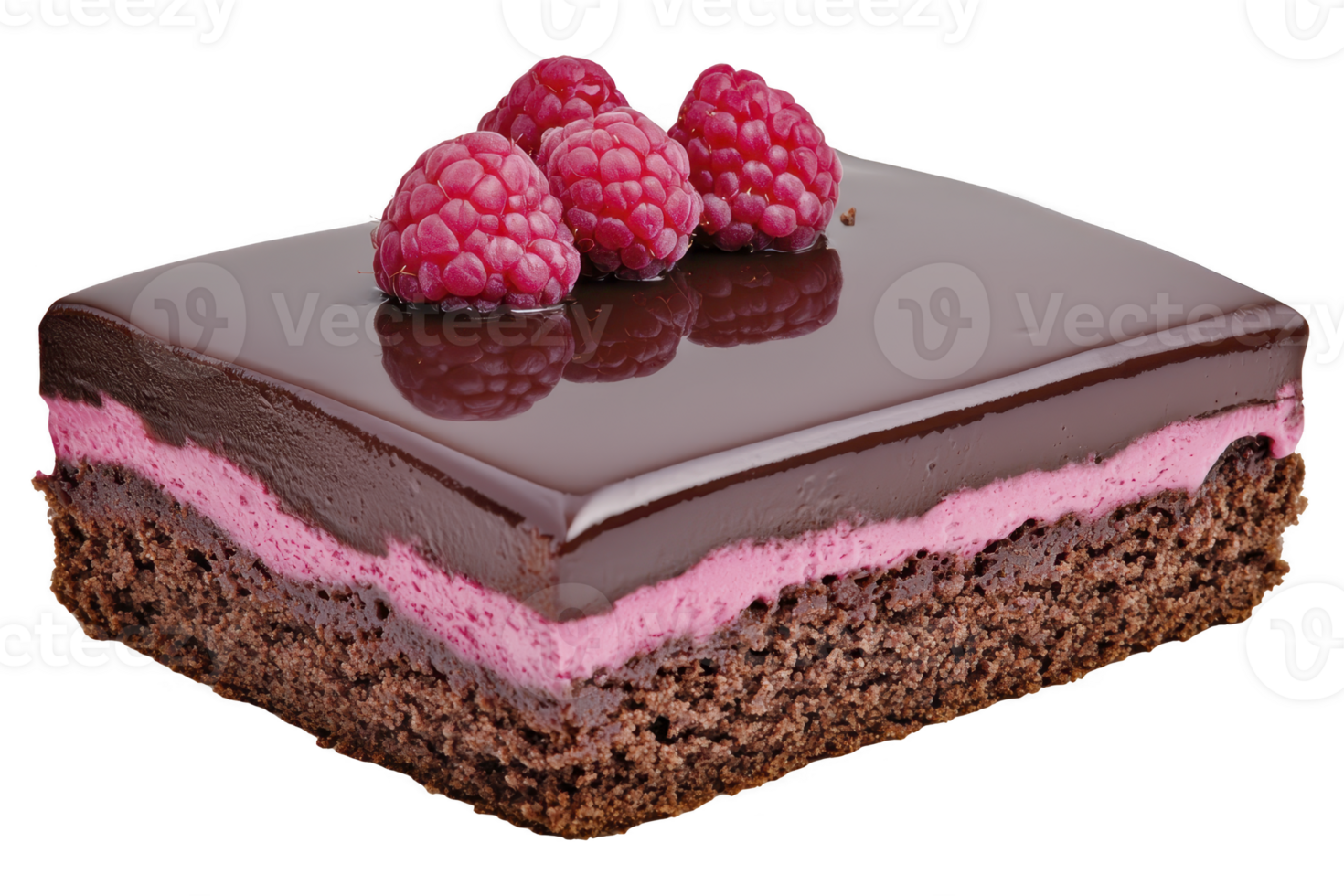 A delicious chocolate raspberry cake slice with glossy chocolate glaze, topped with fresh raspberries, sits transparency background. layers include rich chocolate base and vibrant raspberry cream png