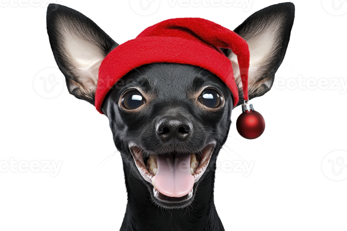 A joyful black Chihuahua wearing festive red Santa hat with small ornament, showcasing its playful and cheerful expression. dog large ears and bright eyes add to its adorable appearance png