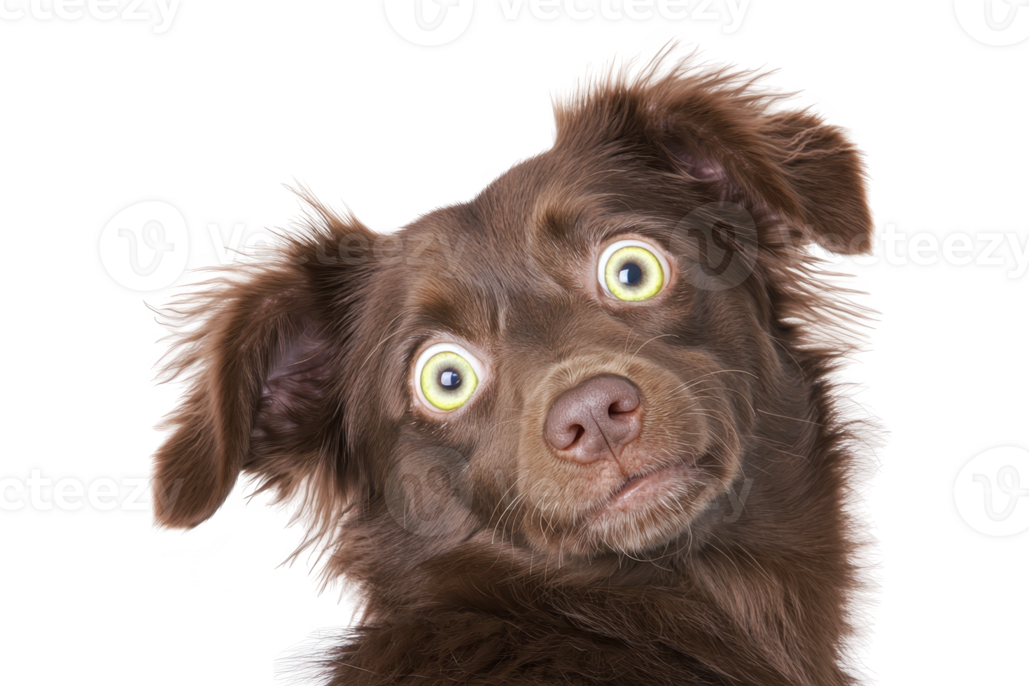 A surprised brown dog with wide eyes and floppy ears looks directly at camera, creating humorous and endearing expression. dog fur is fluffy and its expression is full of curiosity png