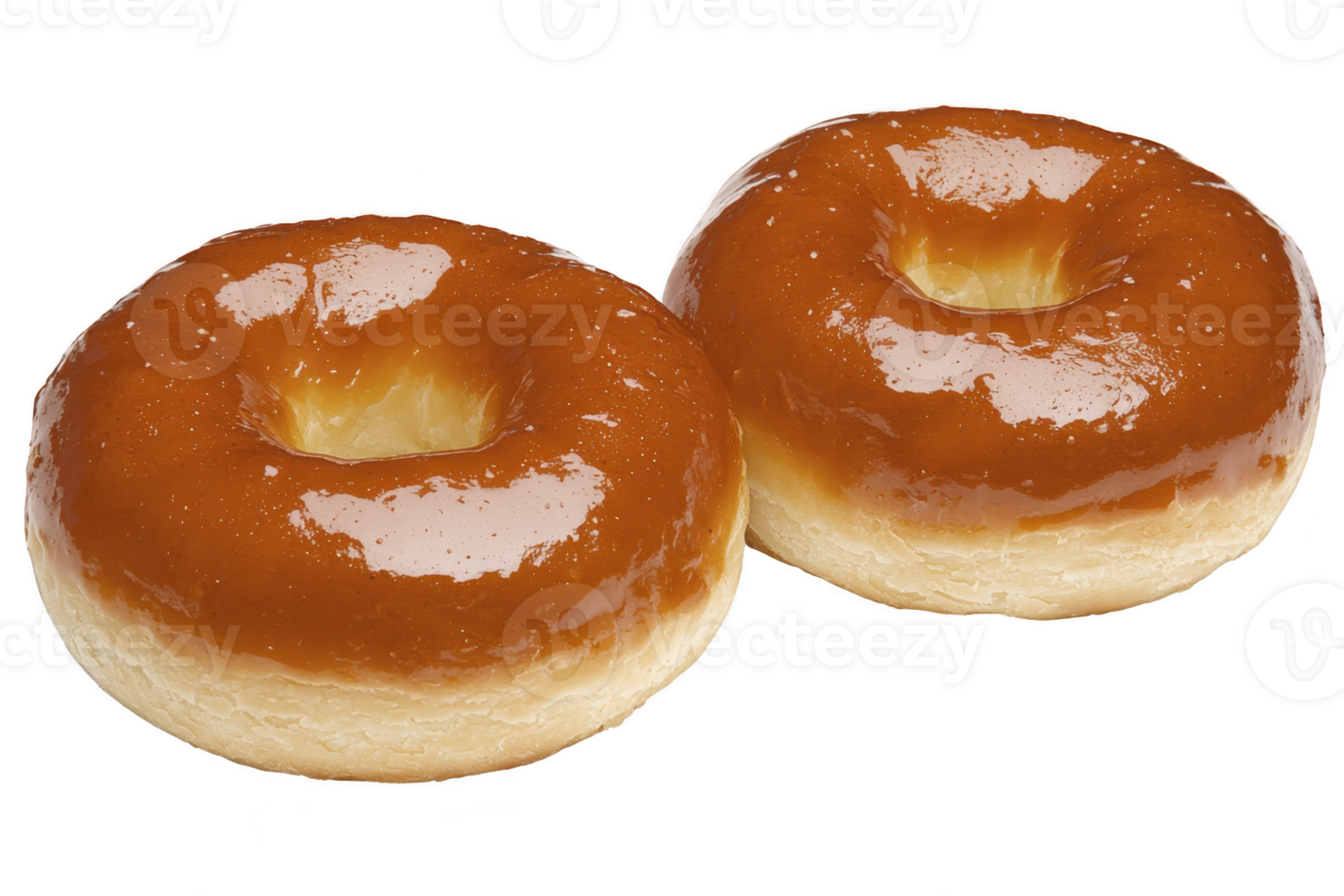 A Two glossy caramel glazed donuts sit side by side, showcasing their shiny, sweet coating. soft, fluffy texture of donuts is visible, making them look irresistibly delicious png