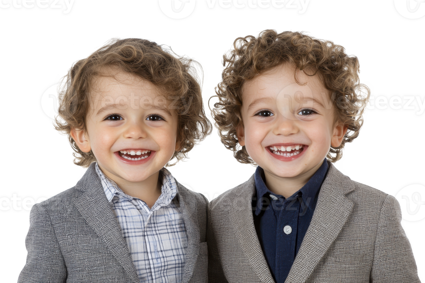 A Two young boys with curly hair are smiling joyfully, dressed in formal attire with blazers and shirts. Their cheerful expressions convey happiness and innocence, creating heartwarming scene png