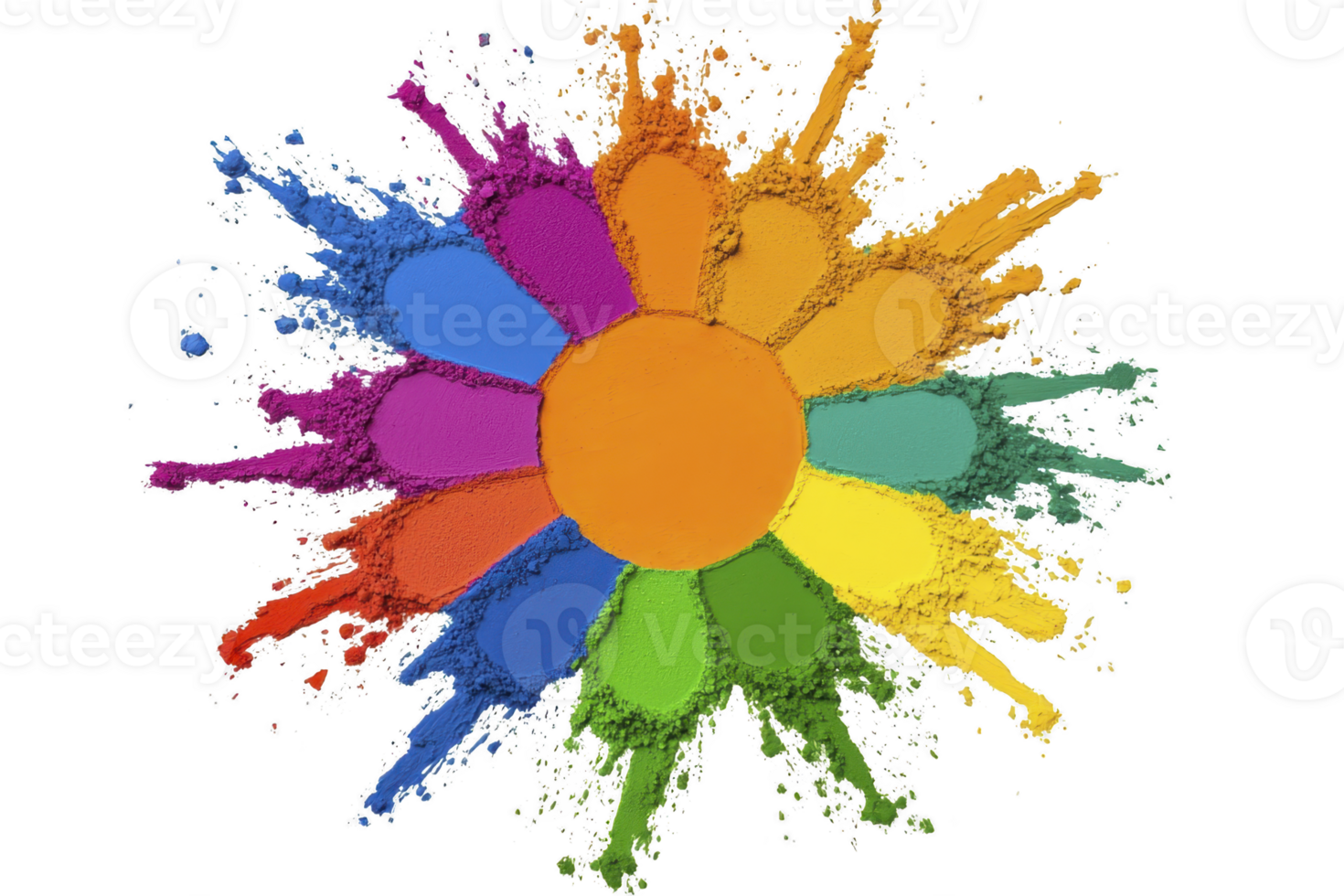A vibrant explosion of colorful powder forms circular pattern resembling flower, with each petal different hue, creating dynamic and energetic visual png