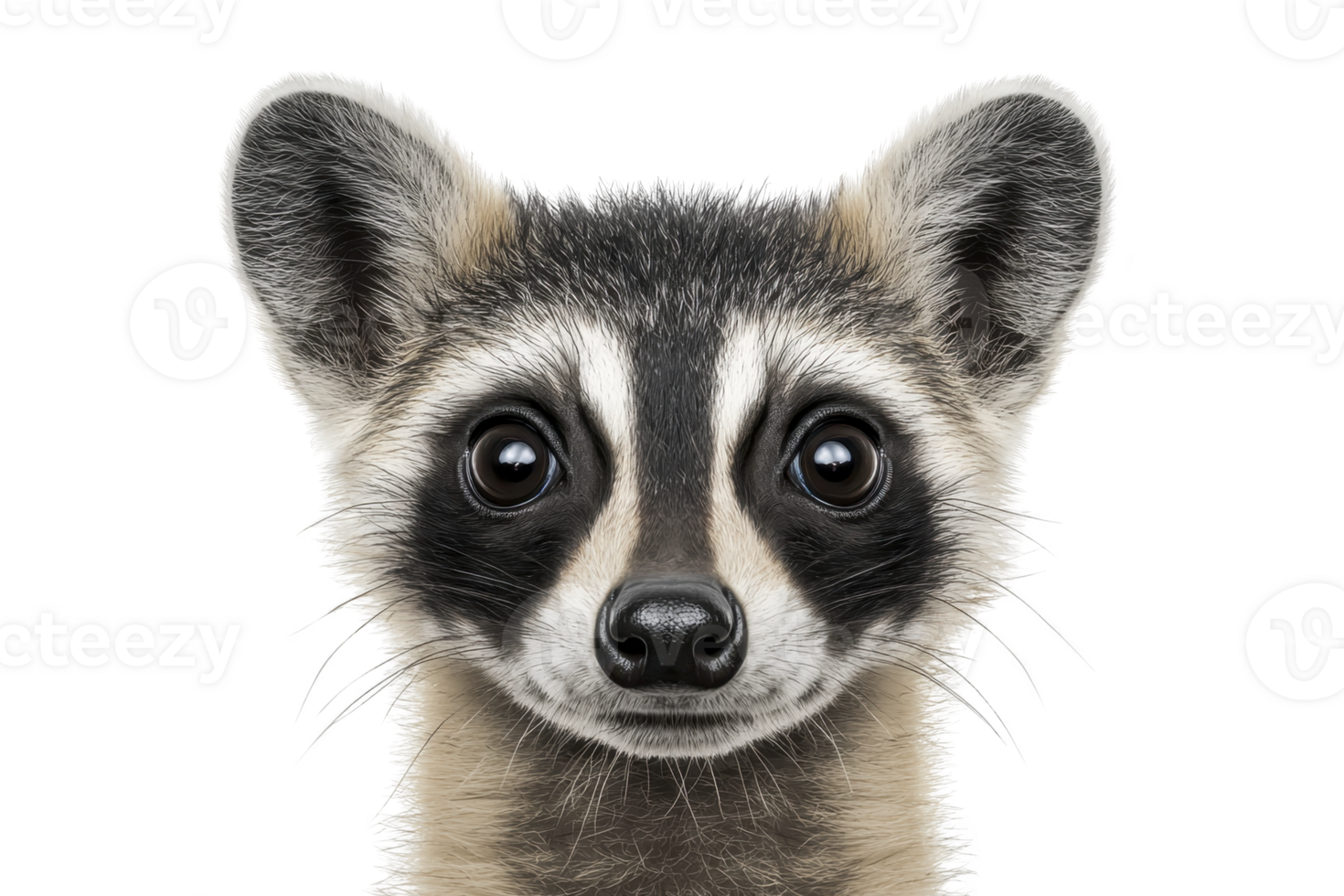 A cute raccoon with large eyes and distinctive facial markings is looking directly at viewer, creating engaging and charming expression. raccoon fur is mix of gray and black, with prominent ears png