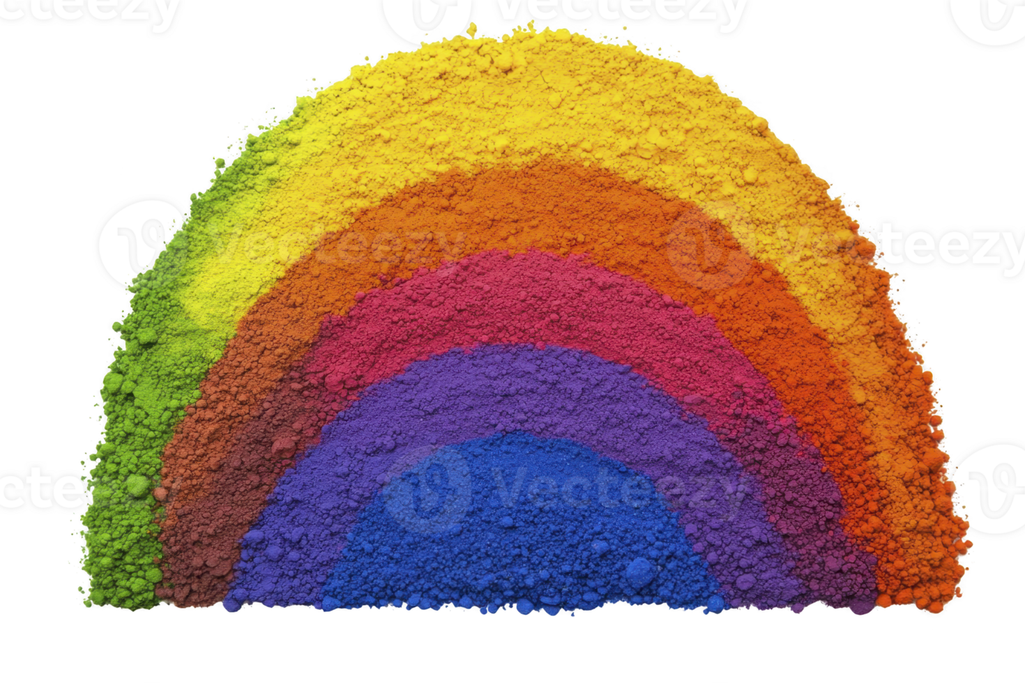 A vibrant rainbow of colorful powders arranged in arch, showcasing spectrum of hues from green to blue. texture is fine and powdery, creating visually striking display png