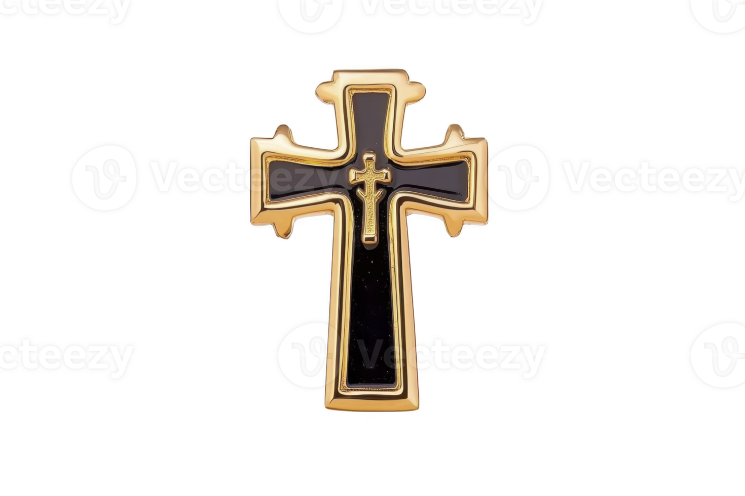 A gold and black cross pin with intricate design details, symbolizing faith and spirituality. pin features smaller cross in center, adding depth and elegance png