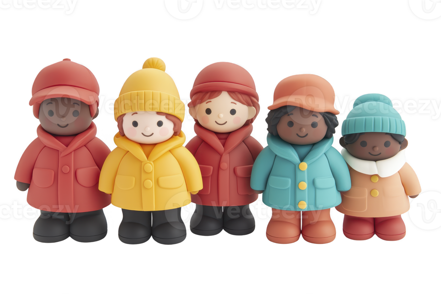A Colorful toy figures dressed in winter clothing, including coats and hats, stand together in cheerful group. Each figure has unique color scheme, showcasing diversity and warmth png